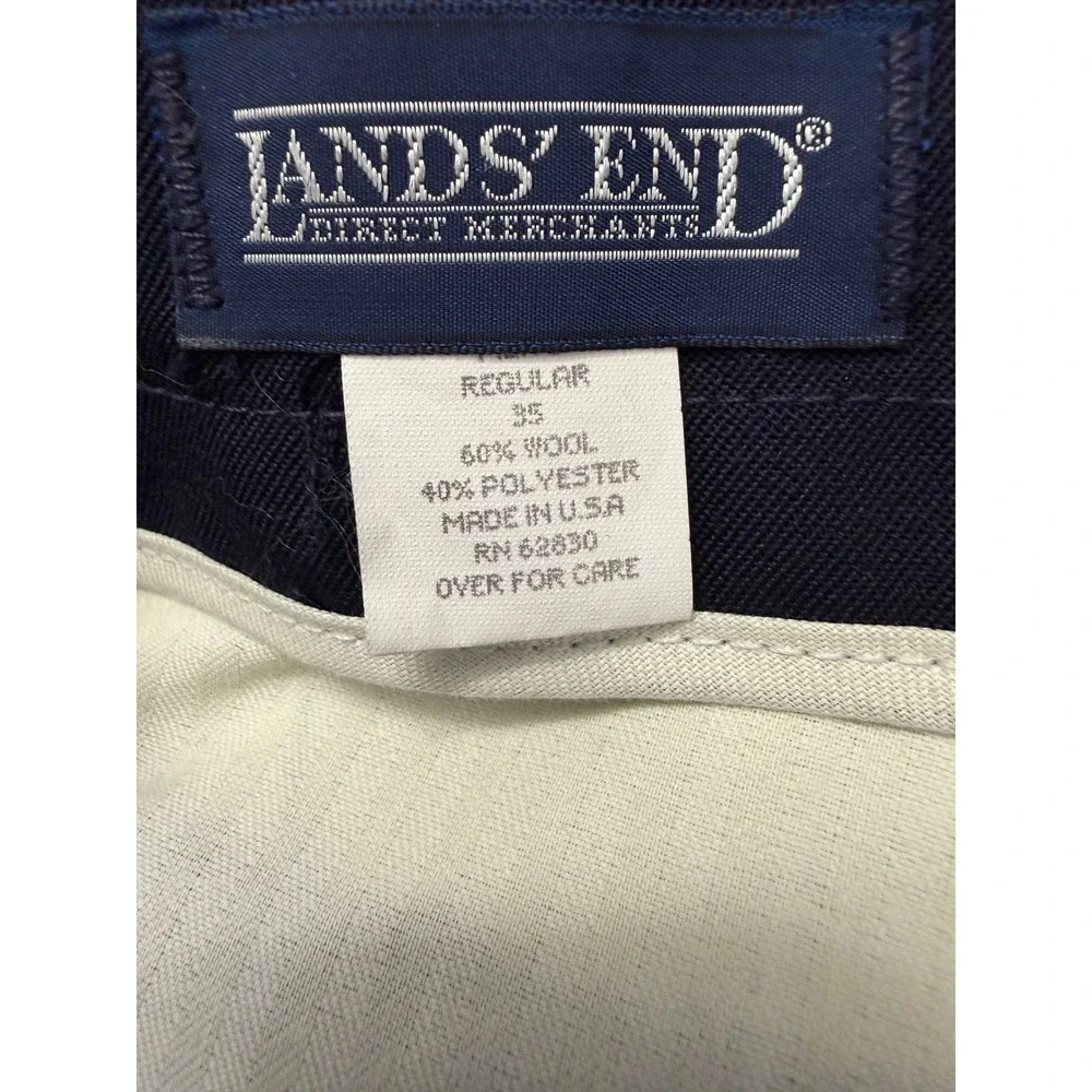 Vintage Lands End Mens Navy Blue Wool Blend Pleated Dress Pants Made in US 35x32
